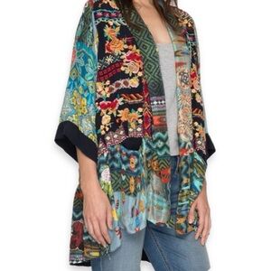 Johnny Was Silk Twill Koben Kimono Floral Embroidered Patchwork Multi Boho Rare